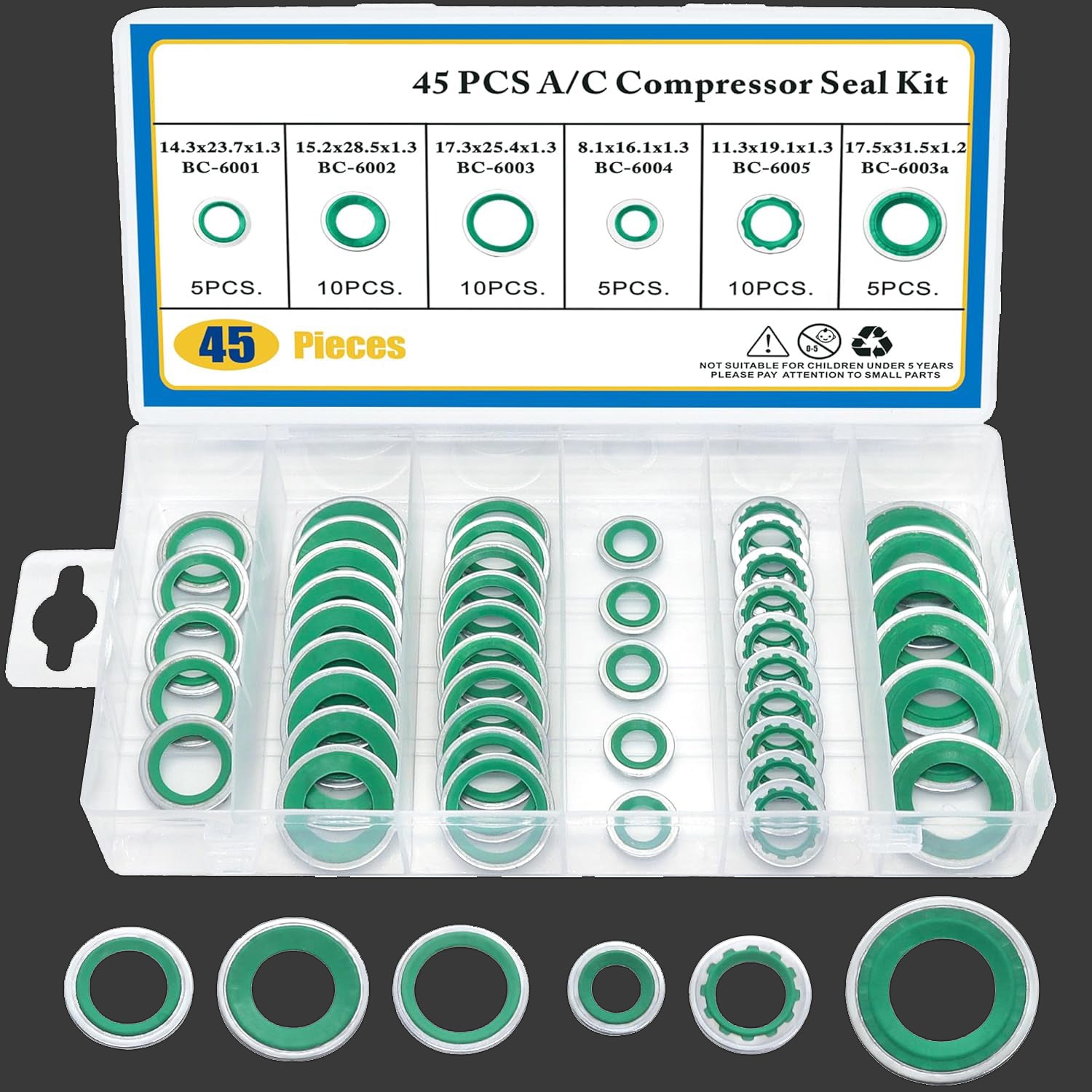 45 PCS Air Conditioning Compressor Port Seal Washer Kit A/C Gasket Assortment (Green)