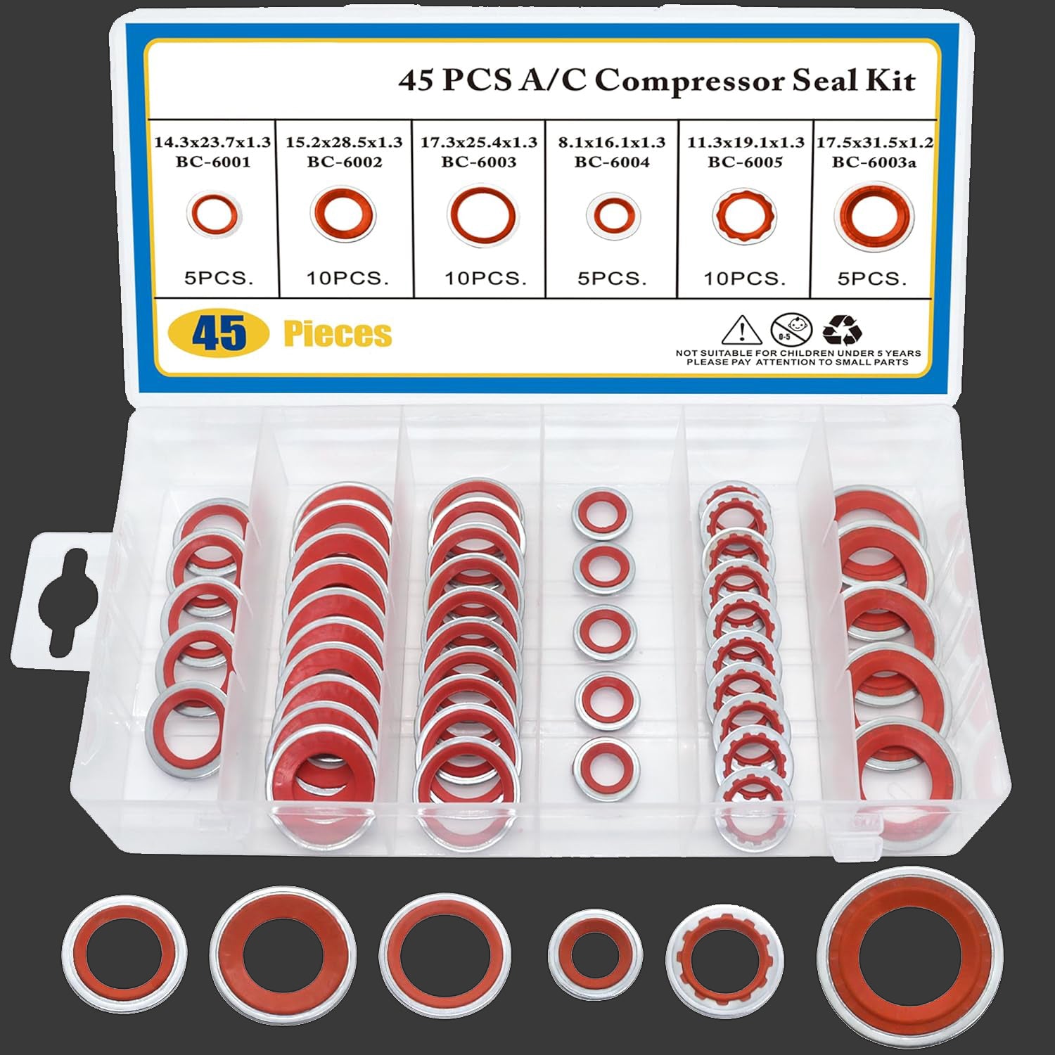 45 PCS Air Conditioning Compressor Port Seal Washer Kit A/C Gasket Assortment (Red)