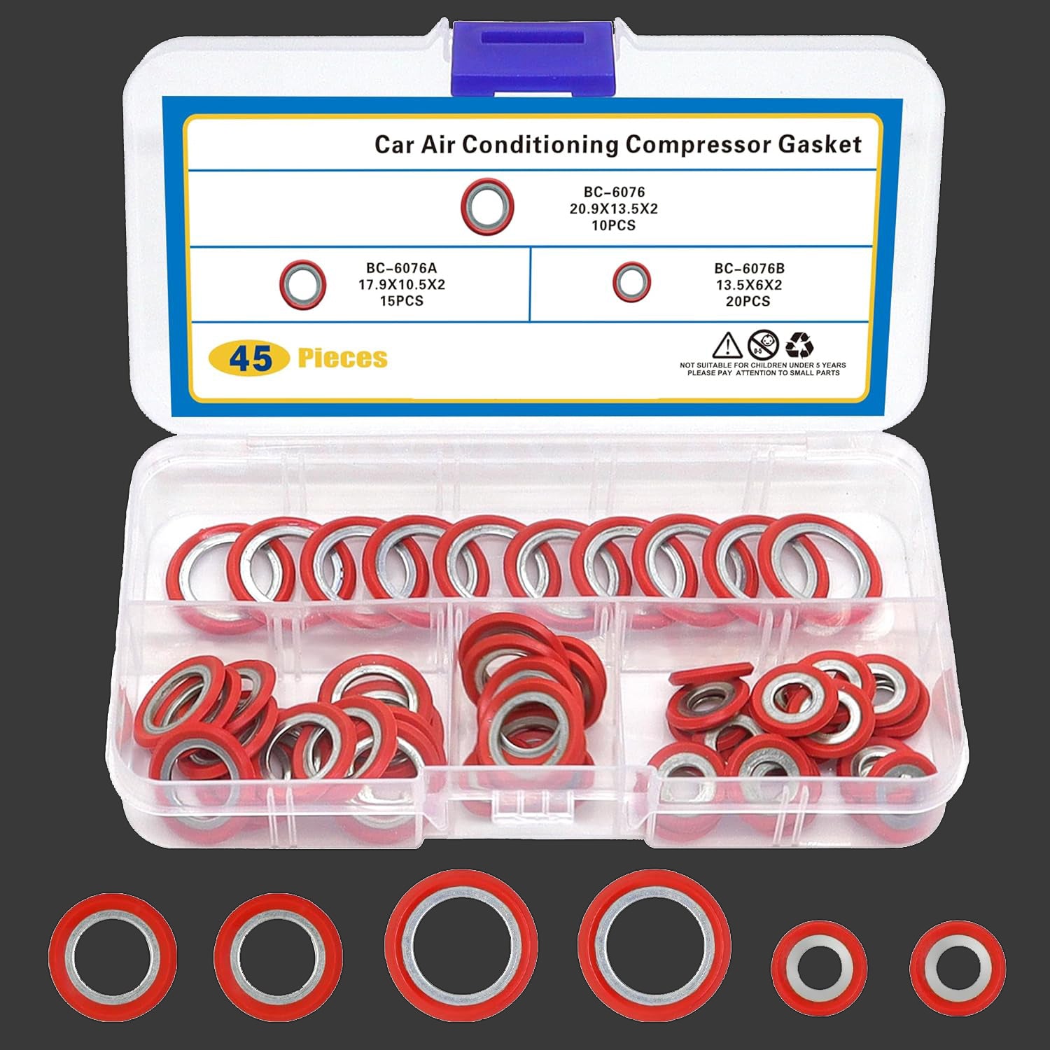 45 PCS Air Conditioning Compressor Port Seal Washer Kit A/C Gasket Assortment (Dark Red)