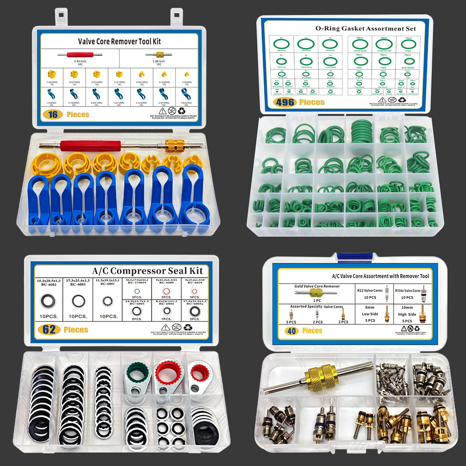 4 Set Car A/C Valve Core R134a Kit, 62 PCS 9 Sizes Gasket Air Conditioning System Seal Kit, 496 PCS SAE Metric O Ring Kit, Fuel Line Disconnect Removal Tool Set