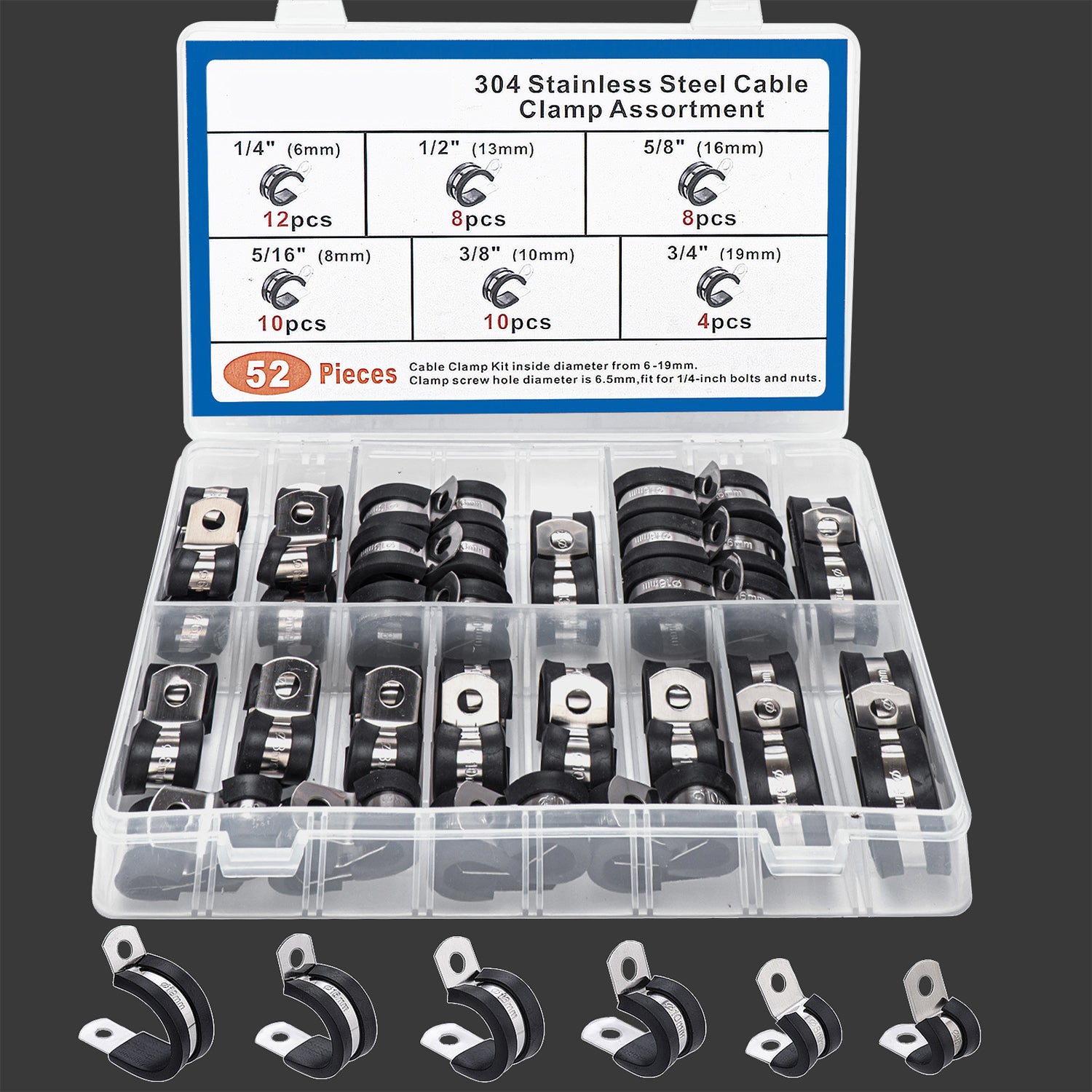 52pcs P Clips Hose Clamp Cable Clamps Assortment Kit