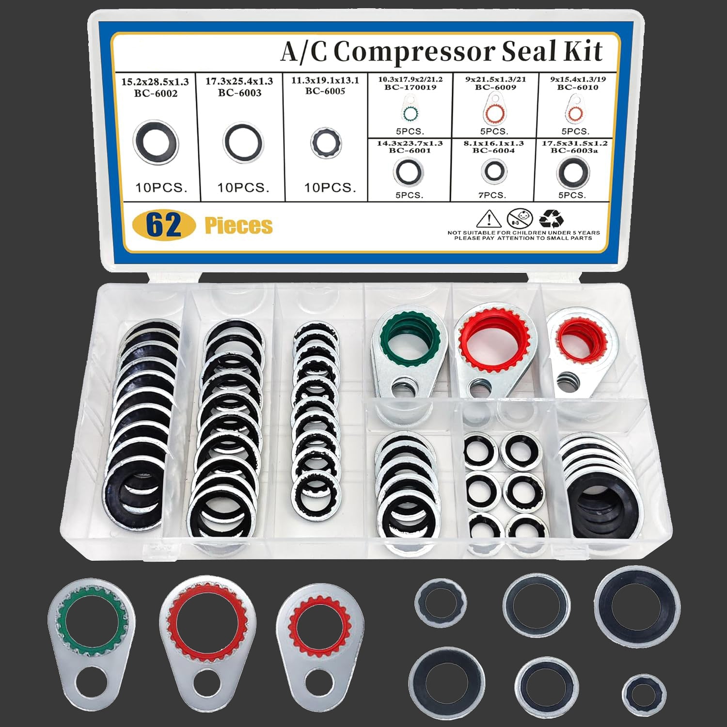 62 PCS A/C System Compressor Gasket Seals Air Conditioning Compressor Port Seal Washer Kit
