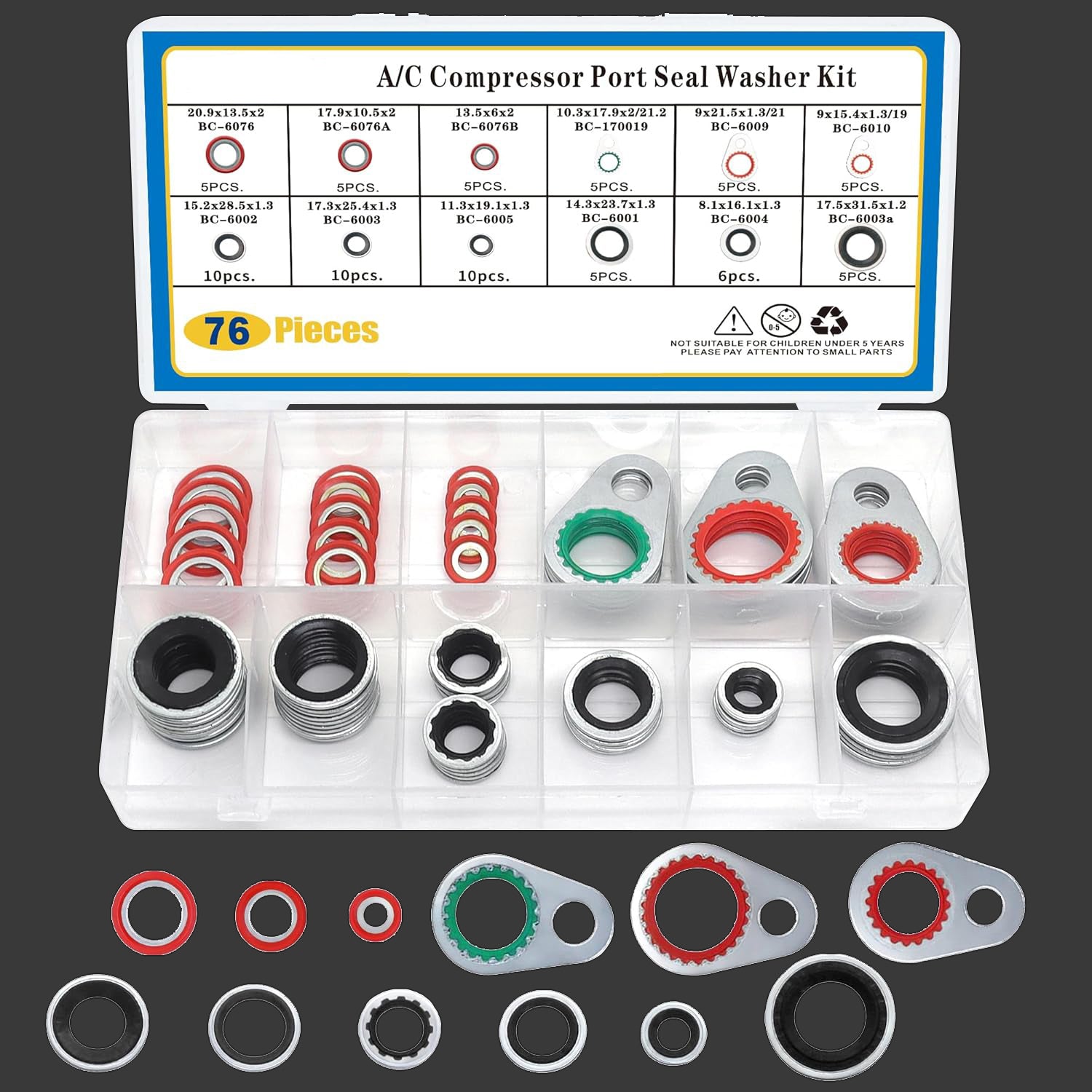 76 PCS A/C System Compressor Gasket Seals Air Conditioning Compressor Port Seal Washer Kit, 12 Sizes Gasket Bonded Seal Assortment (Black)