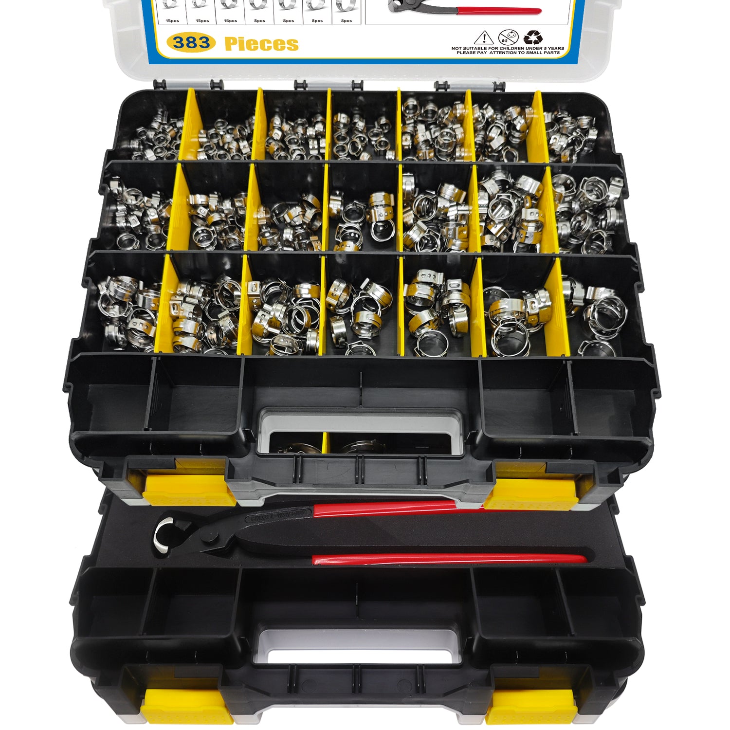 383PCS 28 Sizes Single Ear Hose Clamps, 304 Stainless Steel Ear Clamps, 5.3-33.1mm Stepless Adjustable Cinch Clamps for Automotive, Home Appliance Line and Plumbing, Double Sided Organizer