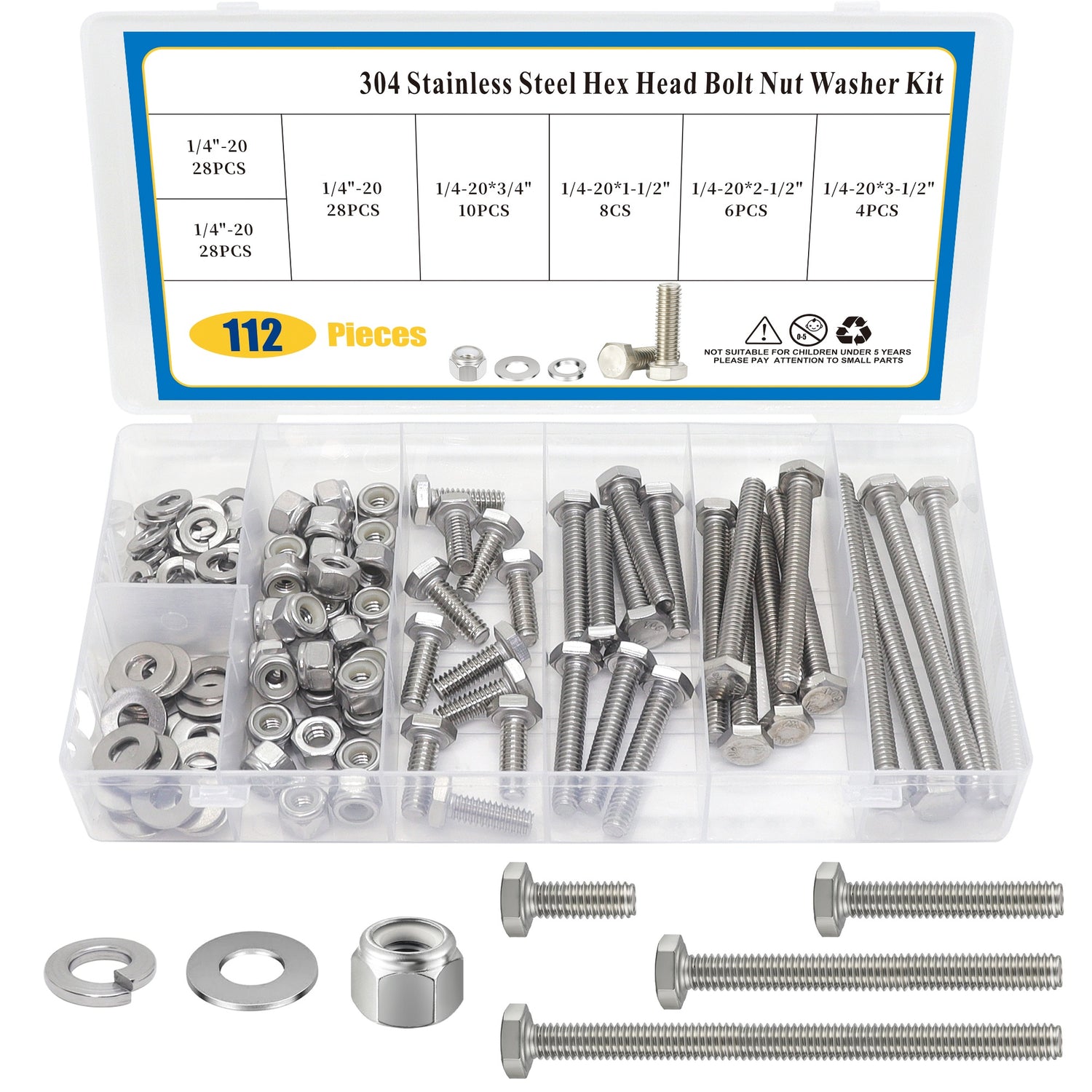 112 PCS Hex Bolts and Nuts Assortment Kit, 1/4
