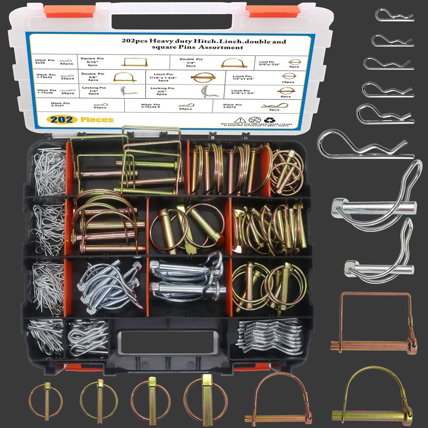 202PCS Hitch Pins Clip Pins, Linch and PTO Pins Attachments