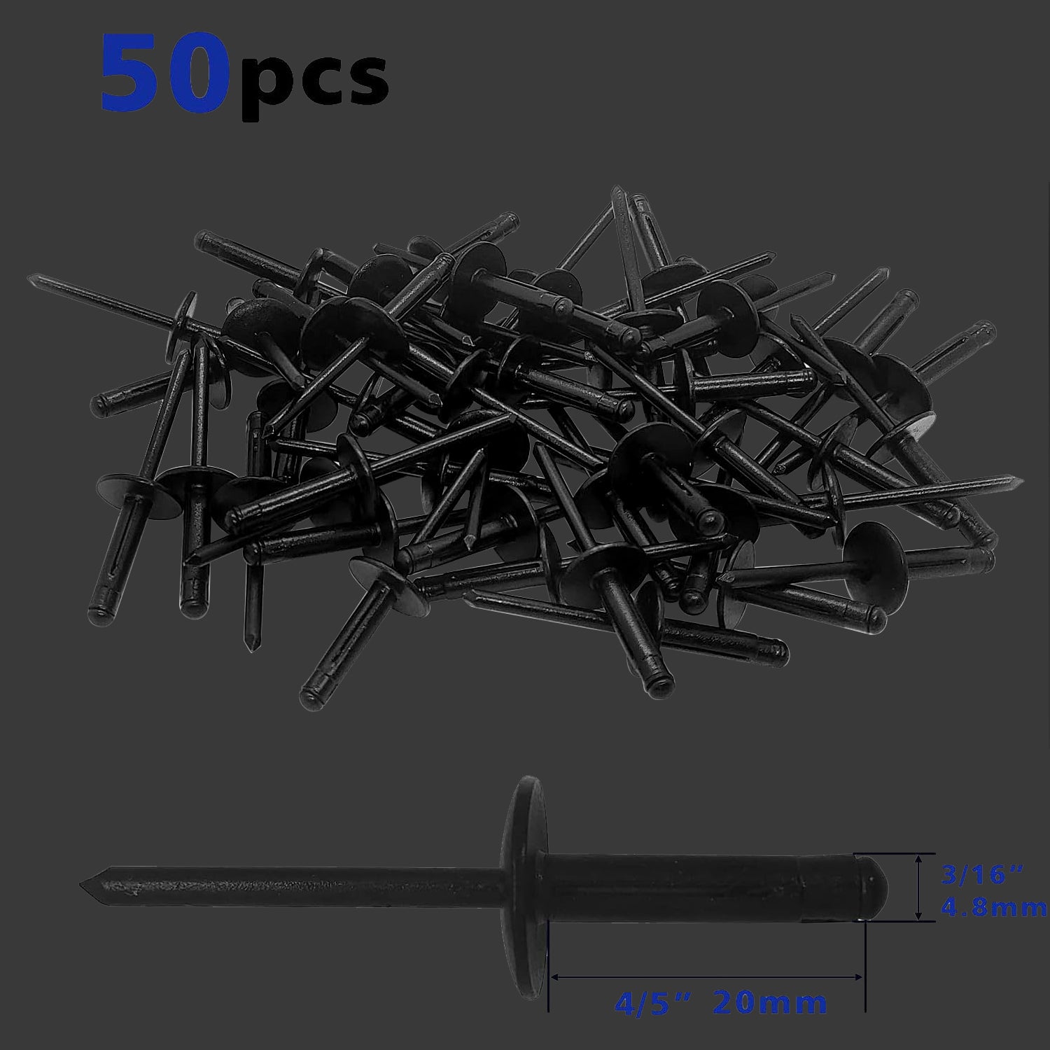 50 PCS Tri-Fold Exploding Large Head Aluminum Pop Blind Rivets 3/16'' * 4/5'' Long Grip Solid Rivets(Black)