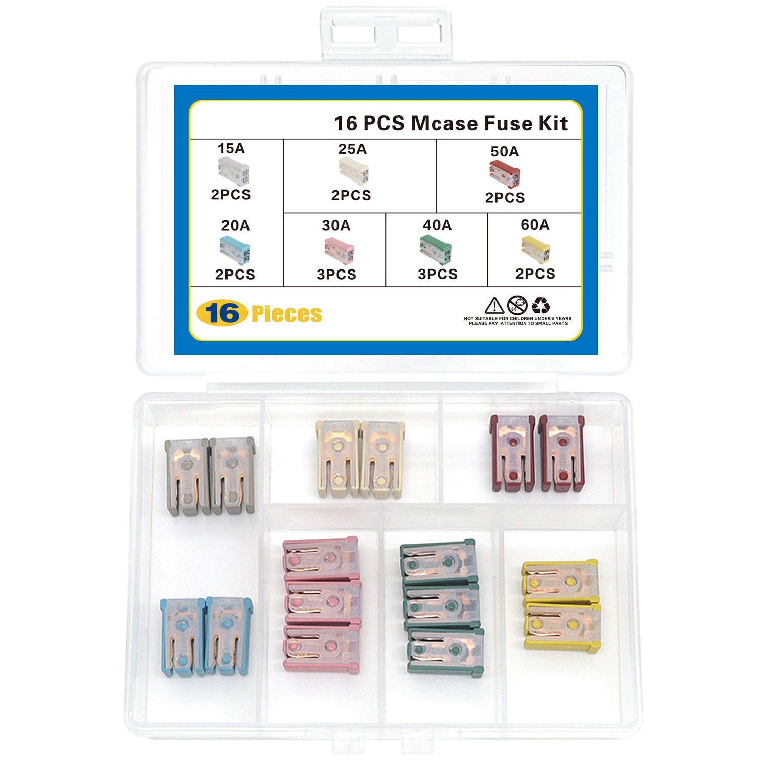 16 PCS 32V Mini Slotted Automotive MCASE Shaped Cartridge Fuse Kit, 15A/20A/25A/30A/40A/50A/60A