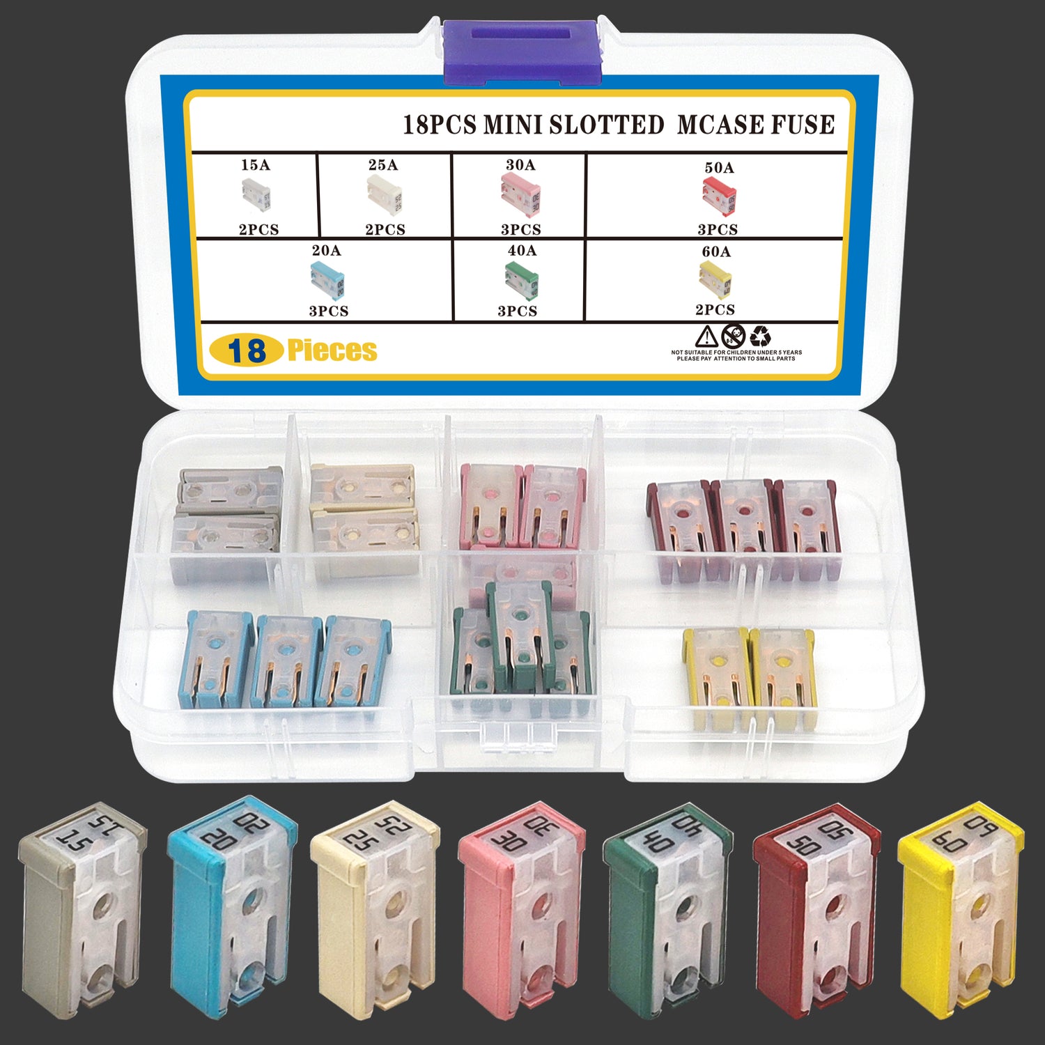 18 Pcs 32V Mini Slotted Automotive MCASE Shaped Cartridge Fuse Kit,15A 20A 25A 30A 40A 50A 60A