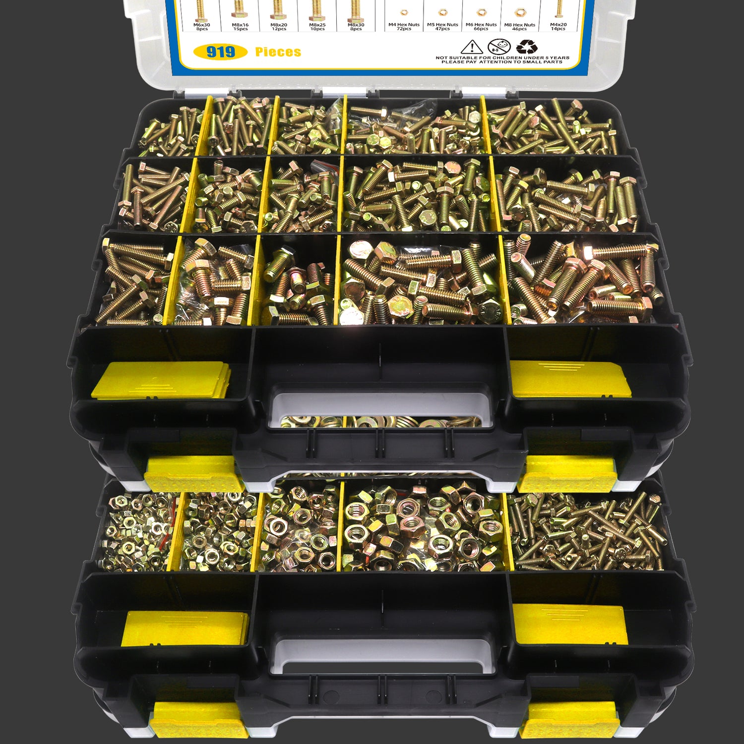 919 Pcs Grade 8.8 Metric Bolt Assortment, M4 M5 M6 M8 Heavy Duty Bolts and Nuts Kit, Yellow Zinc Plated, Length from 12-30mm (Yellow or Green Box)