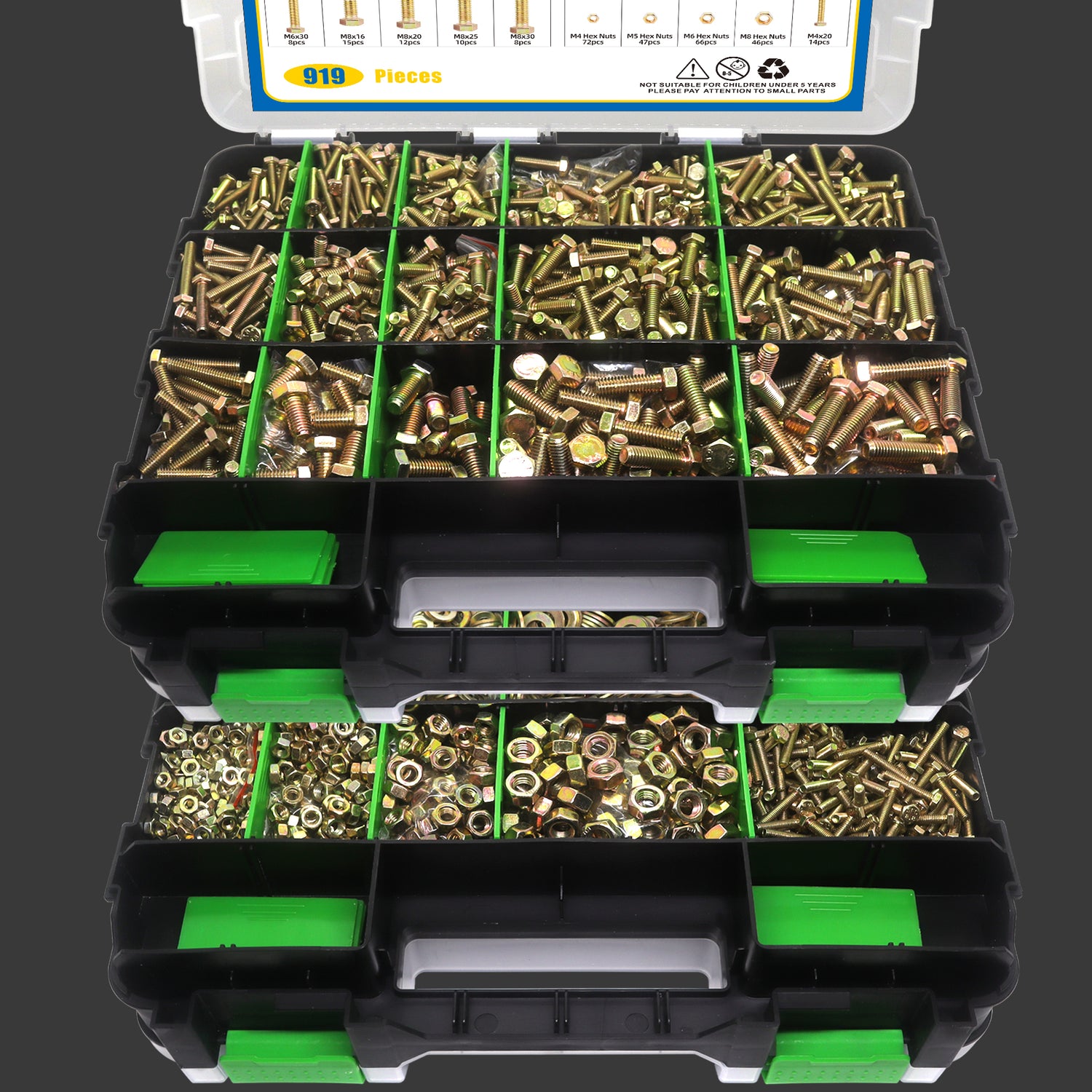 919 Pcs Grade 8.8 Metric Bolt Assortment, M4 M5 M6 M8 Heavy Duty Bolts and Nuts Kit, Yellow Zinc Plated, Length from 12-30mm (Yellow or Green Box)
