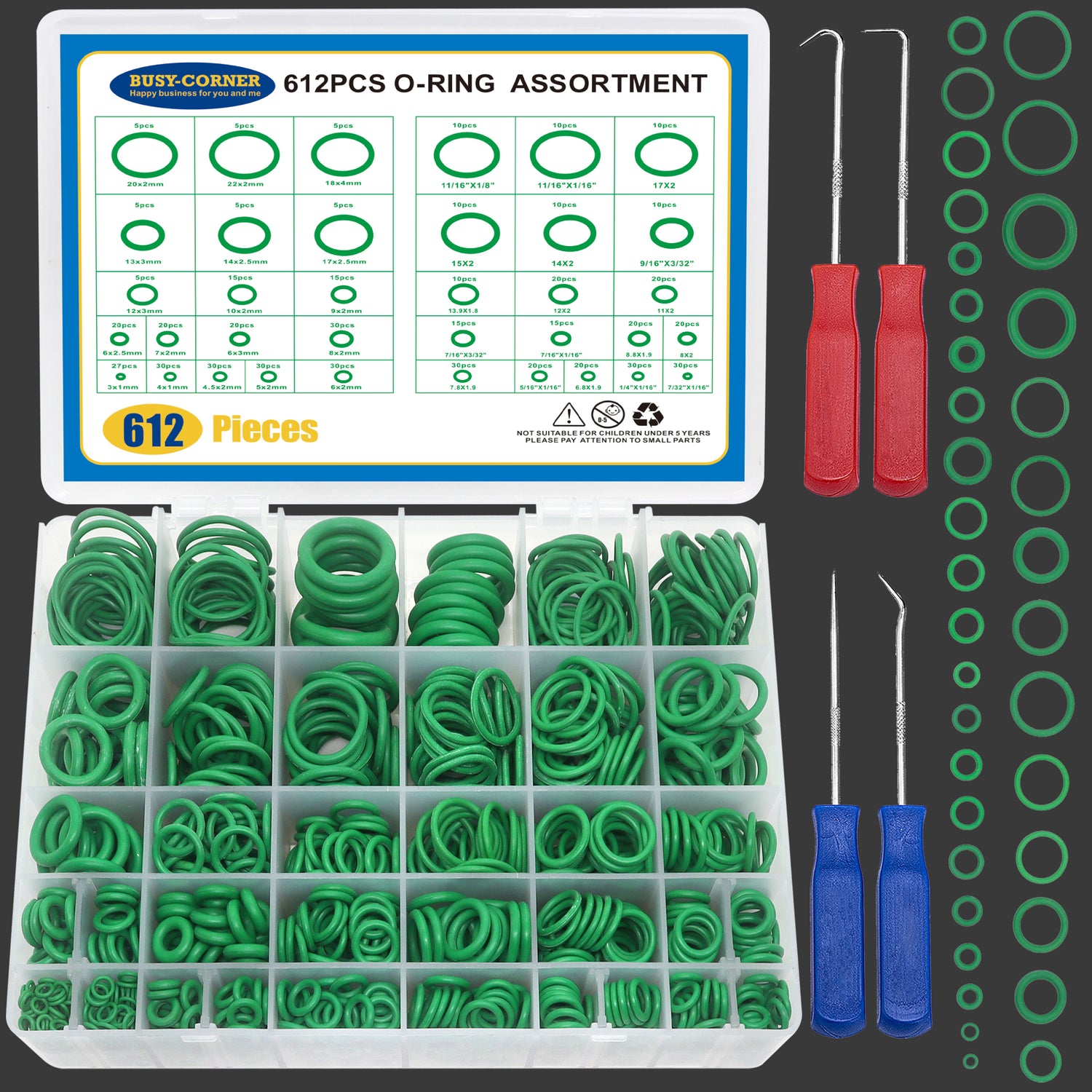 612 Pcs Automotive AC O Rings Kit, SAE& Metric Air Conditioning O Rings Assortment for Car A/C Compressor and Professional Plumbing Faucet Seal Repair with 4PCS O-Ring Picks