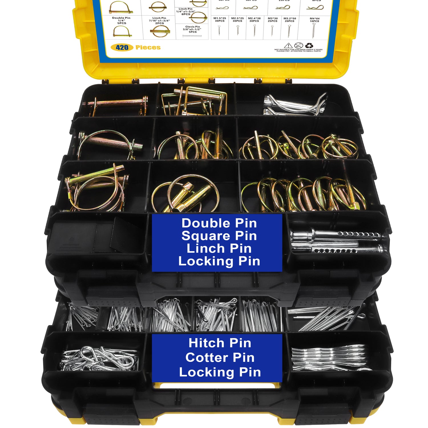 420 PCS Heavy Duty Pin Assortment Kit, Hitch Pins R Clip PIns/ Hair Pins/ Lynch Pins/ PTO Pins/ Cotter Pins/ Clevis Pins for Trucks Trailers Tractors Mowers 3 Point Accessories, Farm, Lawn and Garden