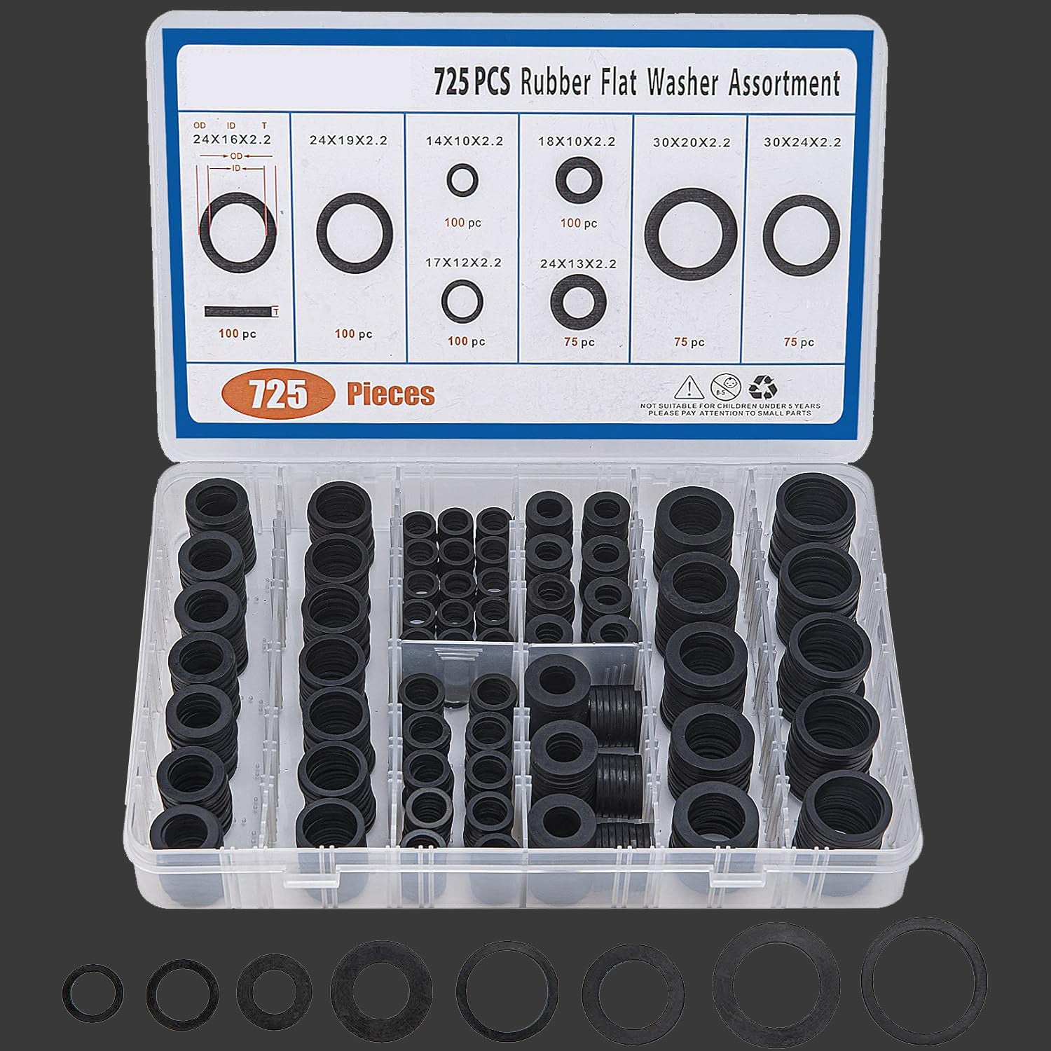 725 PCS Rubber Flat Washer Gasket Assortment
