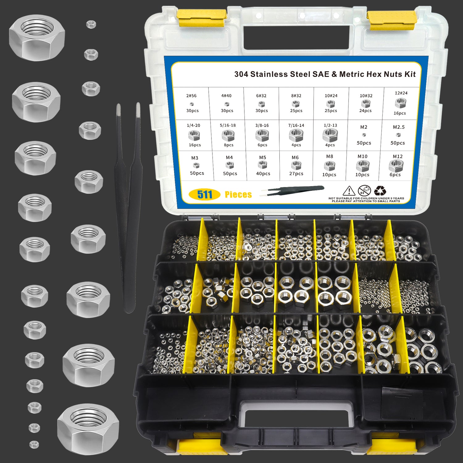 511 PCS SAE & Metric Hex Nut Assortment Kit with Double Side Organizer, 304 Stainless Steel Nuts Set (2# 4# 6# 8# 10# 12# 1/4 5/16 3/8 7/16 1/2, M2 M2.5 M3 M4 M5 M6 M8 M10 M12)
