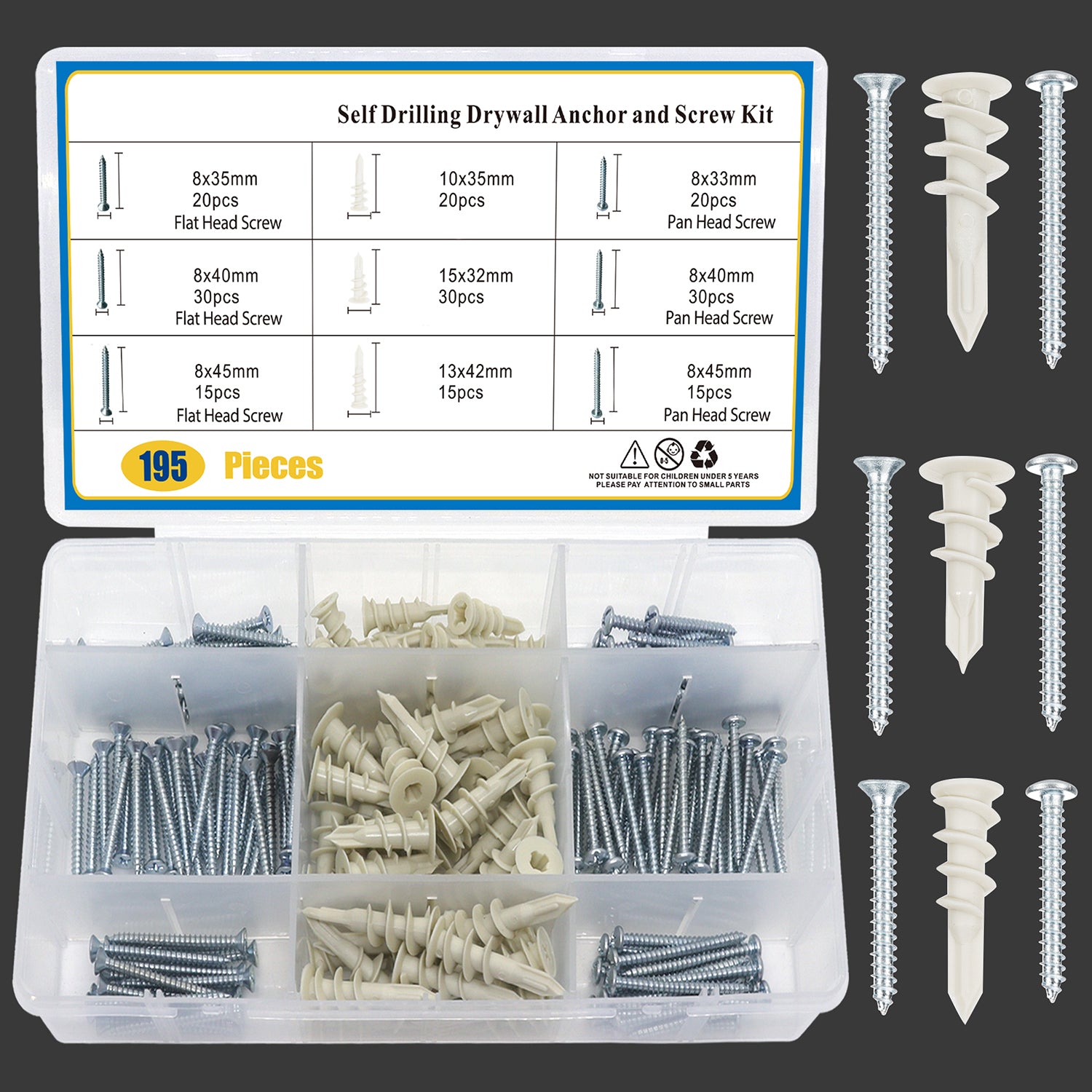 195 PCS Self Drilling Drywall Anchor and Screw