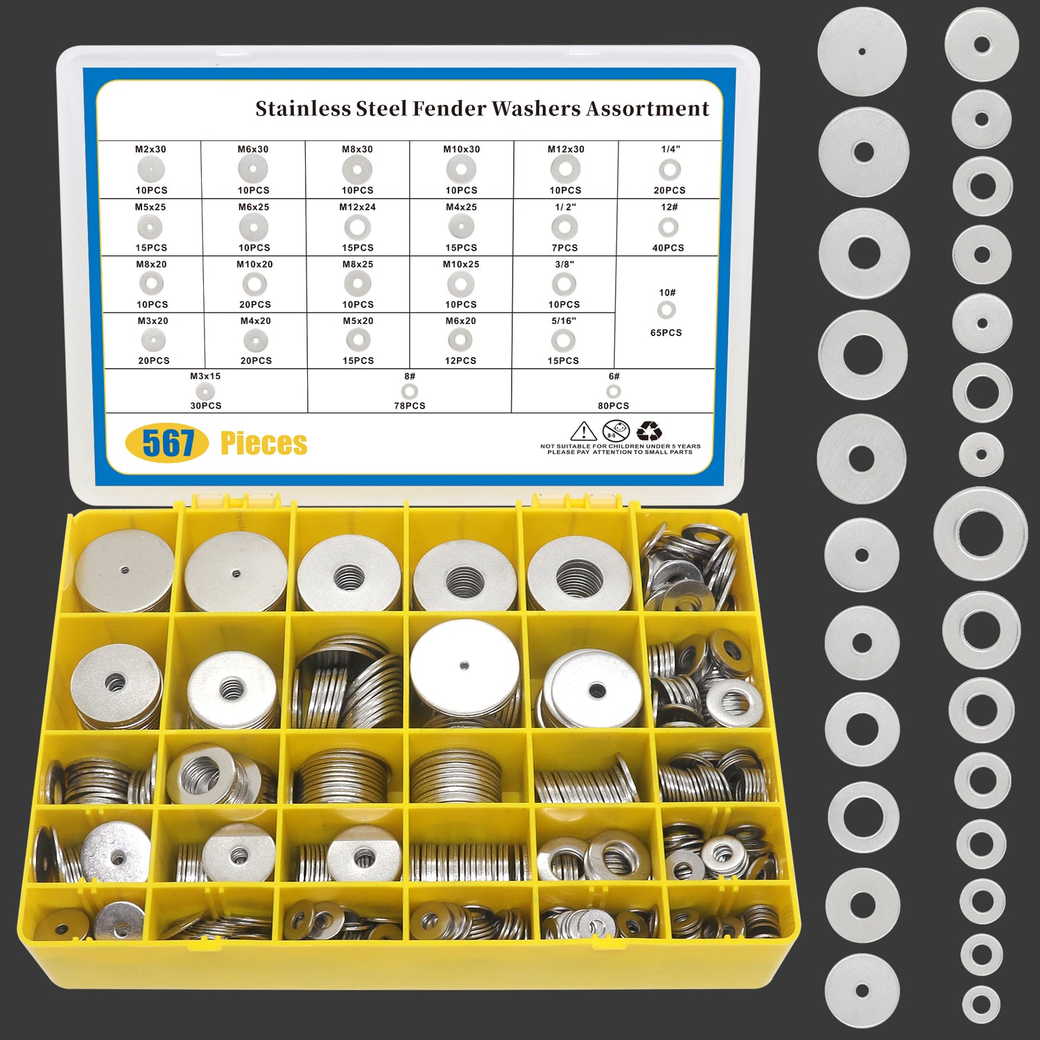 Fender Washers, 567PCS SAE& Metric 26 Sizes Flat Washers Assortment Set, 304 Stainless Steel Assorted Hardware Washers Kit for Bolts (M2 M3 M4 M5 M6 M8 M10 M12 6# 8# 10# 12# 1/4 5/16 3/8 1/2)