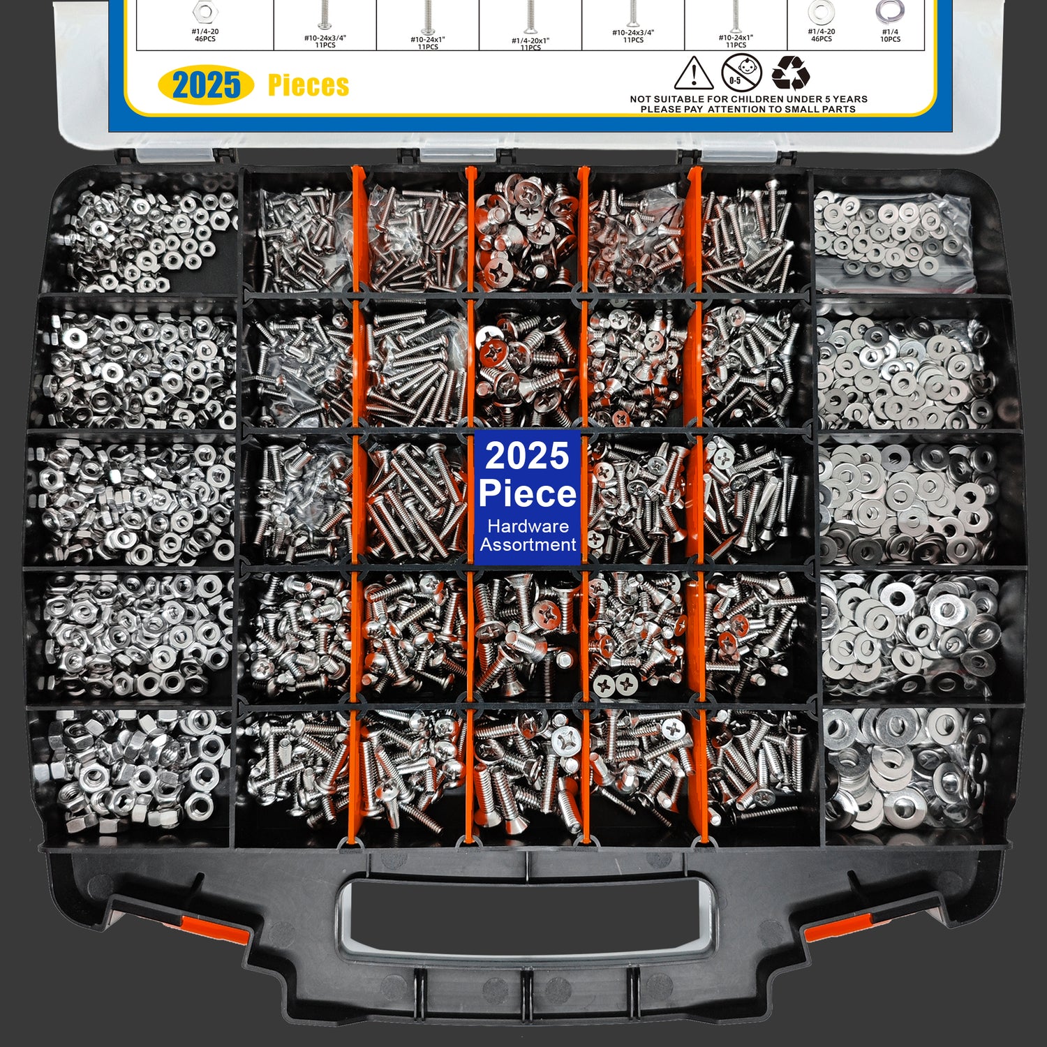 2025 Pieces Hardware Assortment Kit, Nuts and Bolts Assortment Kit, Stainless Steel Phillips Pan Head & Flat Head Screws, Assorted Nuts Bolts Washers with Double Sided Organizer Box (Orange)