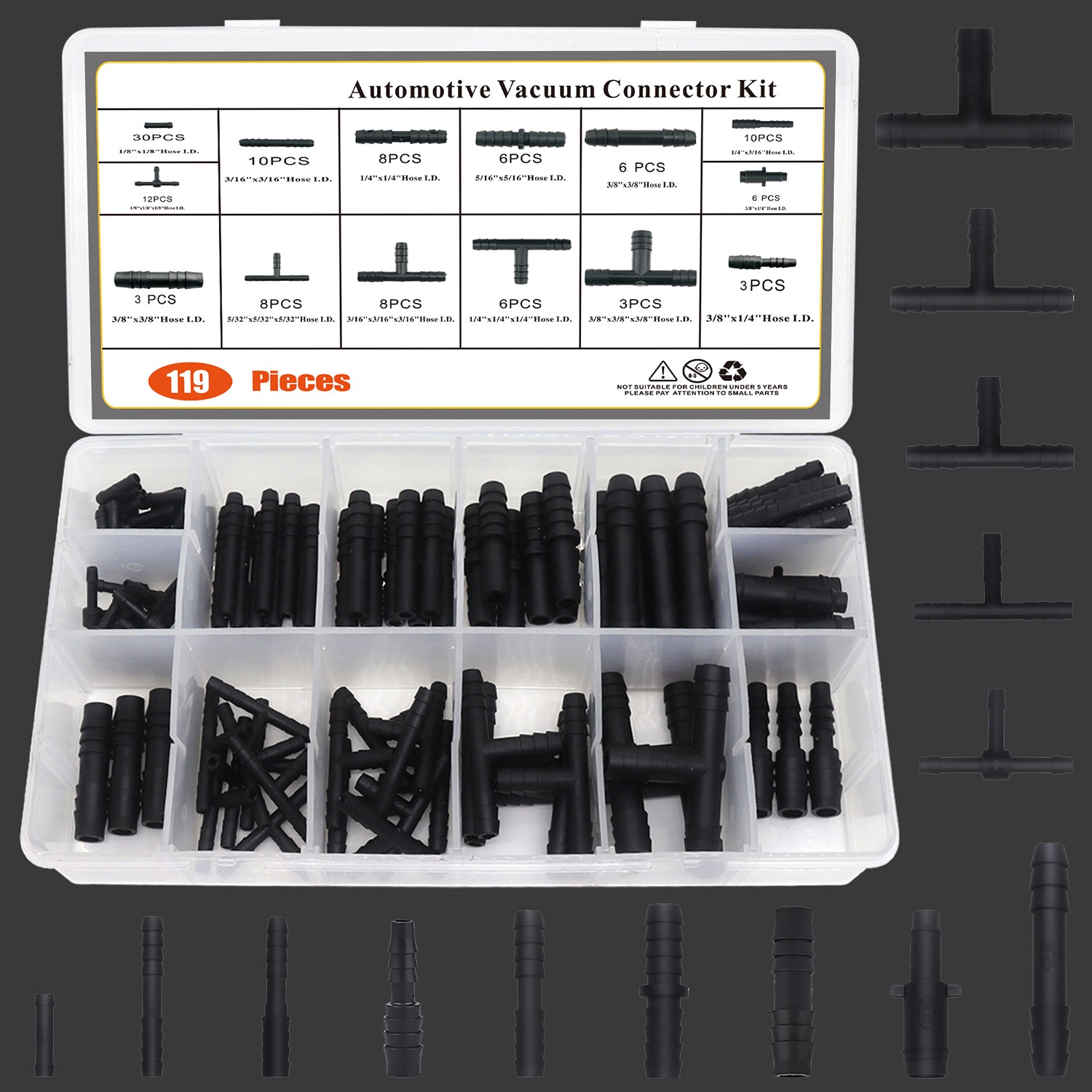 119PCS Automotive Vacuum Tubing Hose Vacuum Tee Kit