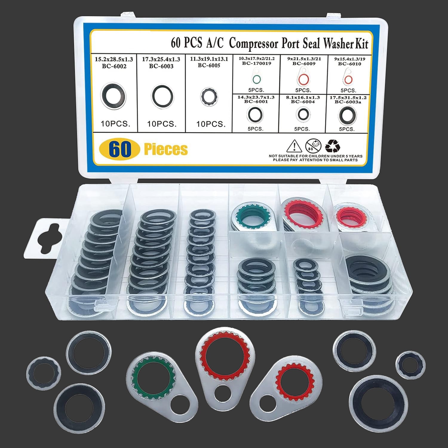 60 PCS A/C System Compressor Gasket Seals Air Conditioning Compressor Port Seal Washer Kit(Black)