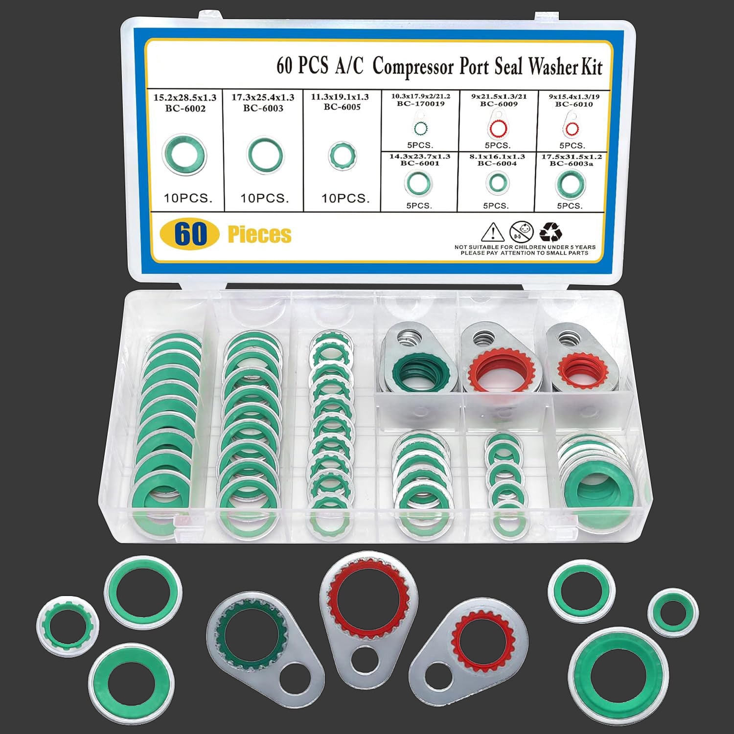 60 PCS A/C System Compressor Gasket Seals Air Conditioning Compressor Port Seal Washer Kit(Green)