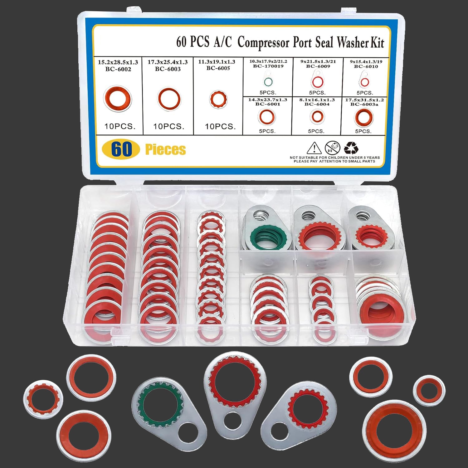 60PCS A/C System Compressor Gasket Seals Air Conditioning Compressor Port Seal Washer Kit(Red)