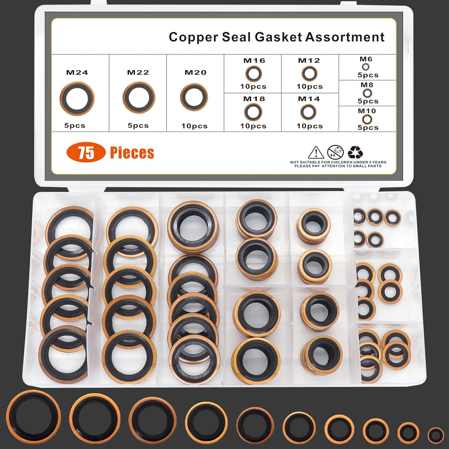 75PCS Automotive Self-Centered Bonded Seal Gasket Assortment Kit
