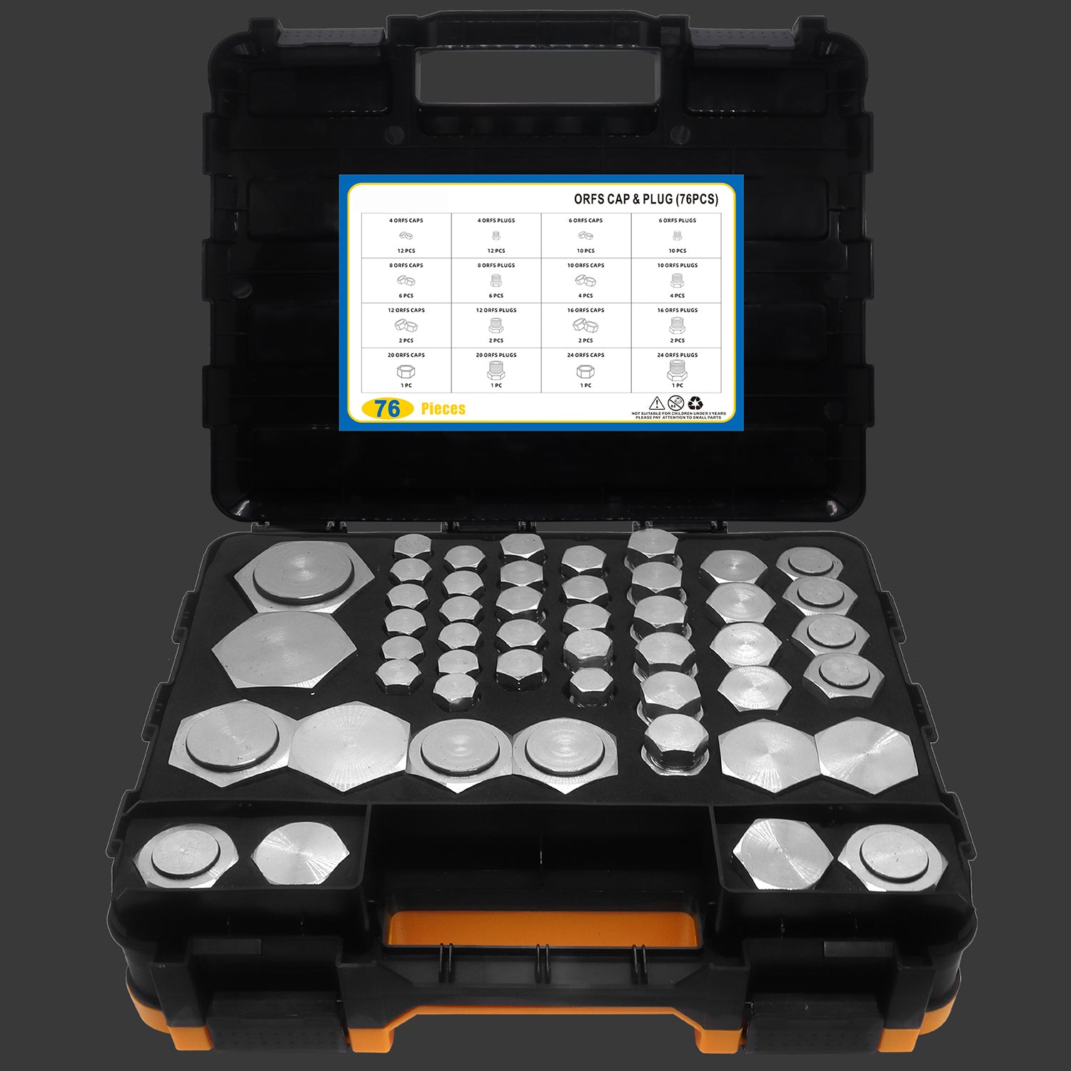 76 PCS ORFS Master Industrial Hydraulic Cap and Plug, Hose Tube and Pipe Fitting Kit Cap and Plug Kit, Heavy Duty O Ring Assortment Kit, Precision Threading in ORFS Sizes 4 6 8 10 12 16 20 24