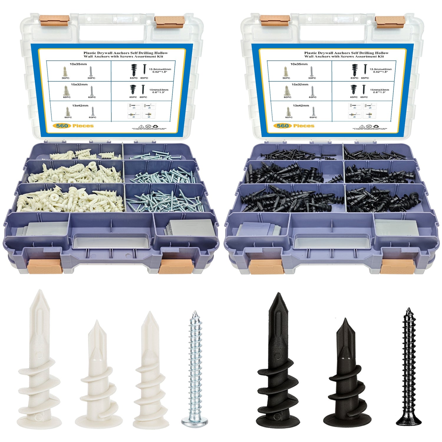 560 PCS Self Drilling Drywall Anchors with Double Sided Organizer Box, Nylon Plastic Wall Anchors with Screws for Drywall, No Pre Drill Hole Preparation Required, Black&White