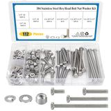112 PCS Hex Bolts and Nuts Assortment Kit, 1/4"-20 Assorted Bolts Nuts and Washers Kit, 304 Stainless Steel Machine Screw Sets with Case