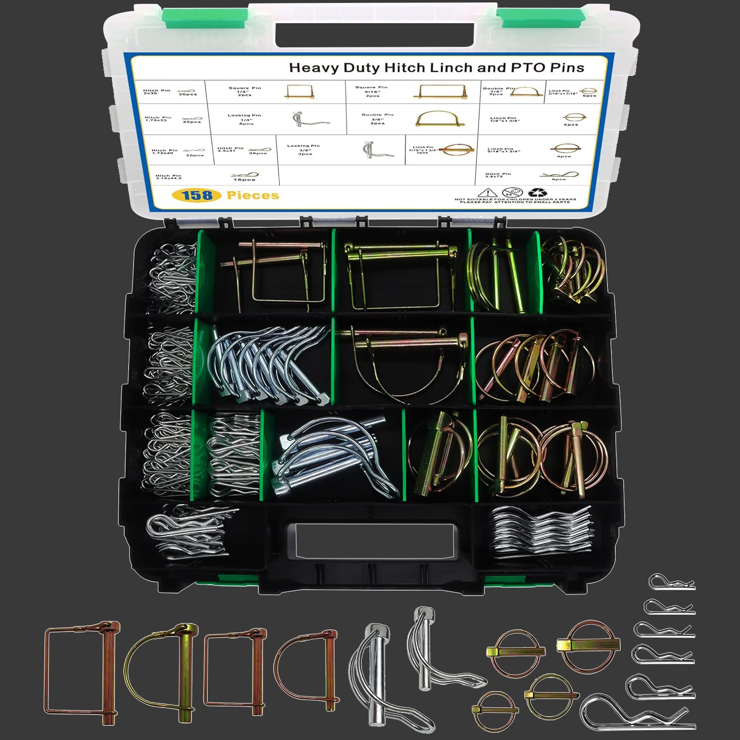 158 PCS Heavy Duty Hitch Pin Clip Pins - PTO Pins, Linch and Shaft Locking Pins Attachments