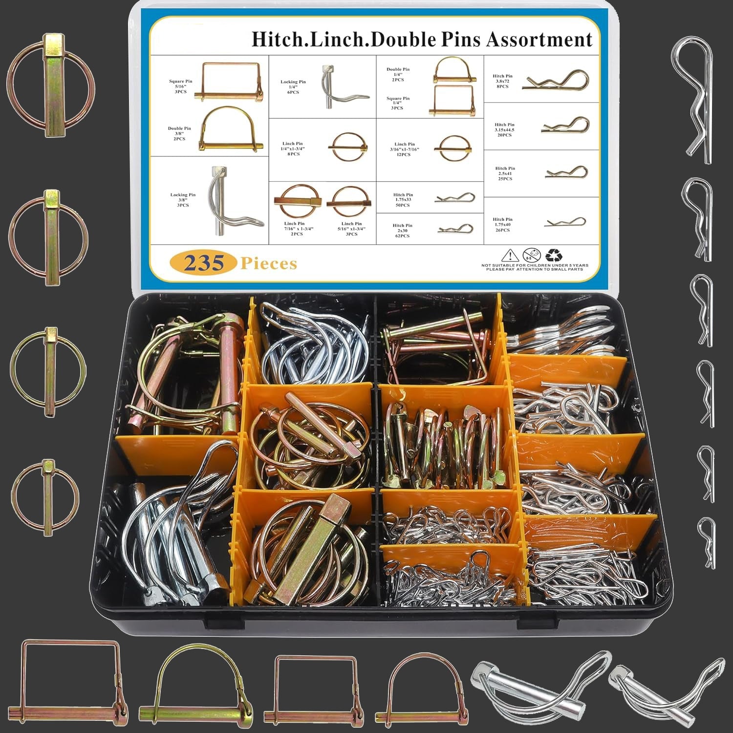 235 PCS Hitch Pins Clip Pins, Linch and PTO Pins Attachments