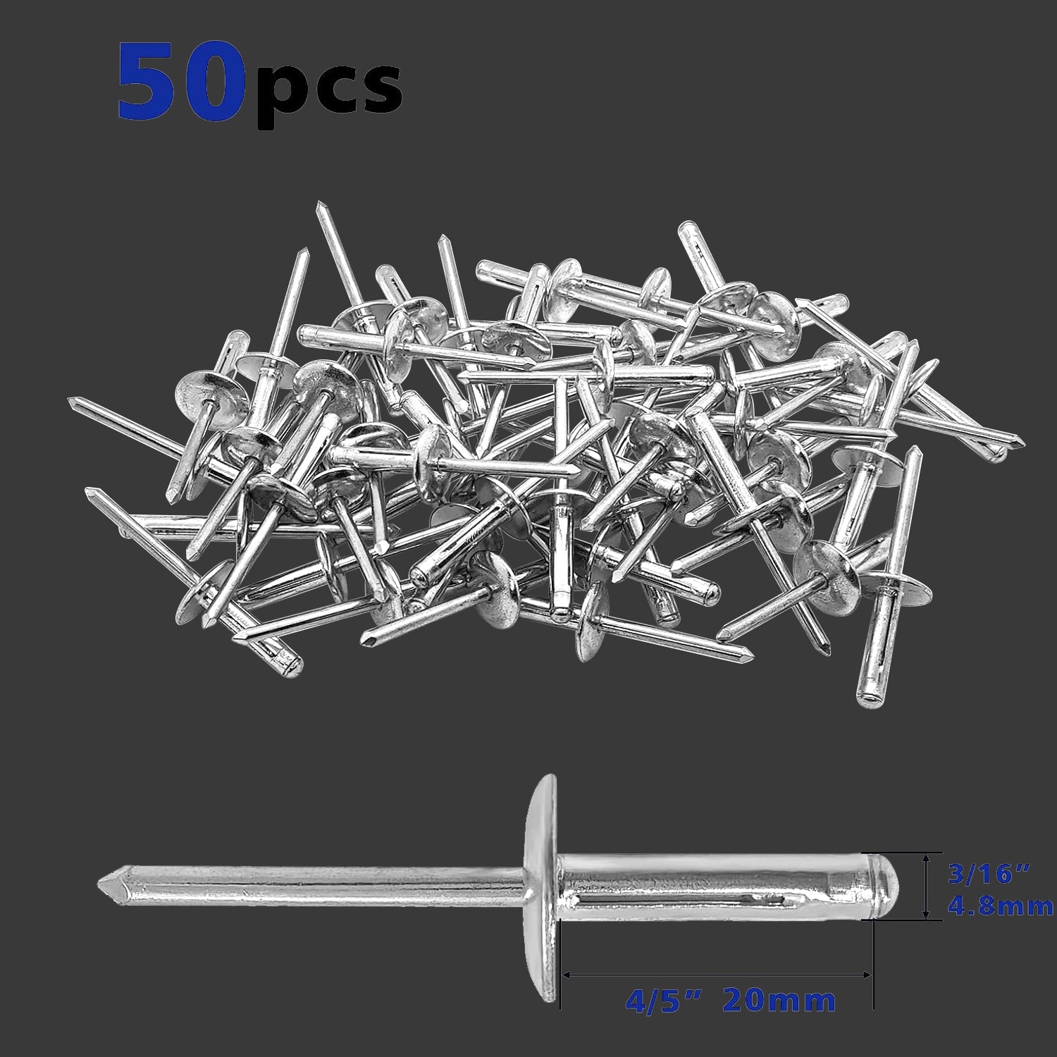 50 PCS Tri-Fold Exploding Large Head Aluminum Pop Blind Rivets 3/16'' * 4/5'' Long Grip Solid Rivets（Silver）