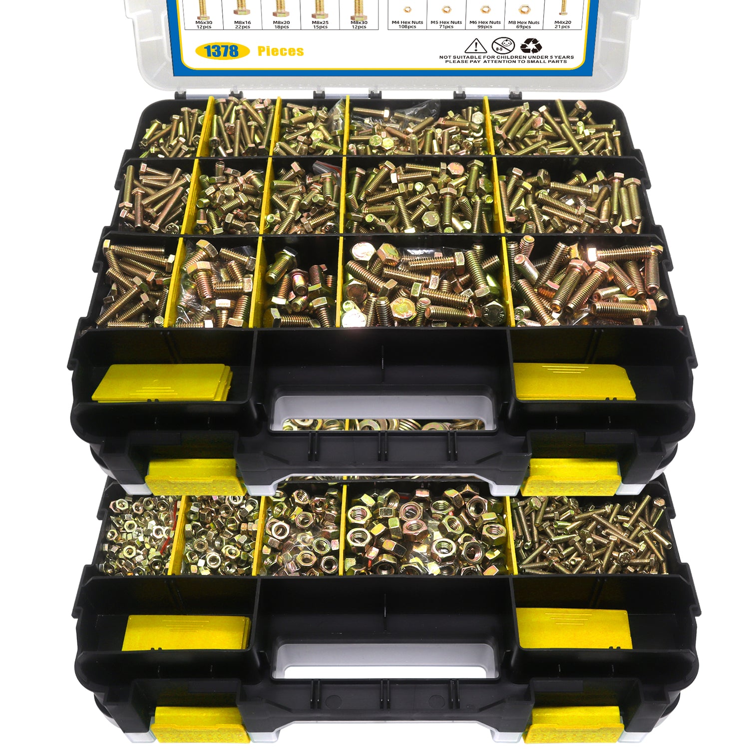 1378 Pcs Grade 8.8 Metric Bolt Assortment, M4 M5 M6 M8 Heavy Duty Bolts and Nuts Kit, Yellow Zinc Plated, Length from 12-30mm (Yellow Box)