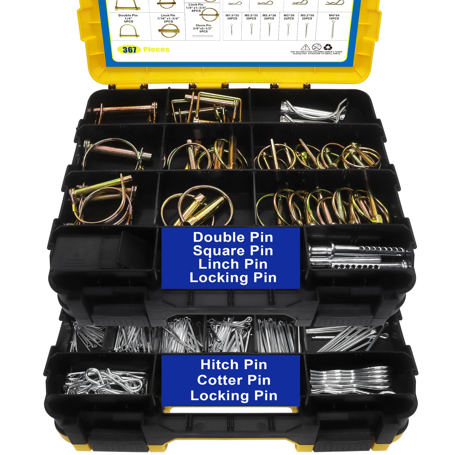 367 PCS Heavy Duty Pin Assortment Kit, Hitch Pins R Clip PIns/ Hair Pins/ Lynch Pins/ PTO Pins/ Cotter Pins/ Clevis Pins for Trucks Trailers Tractors Mowers 3 Point Accessories, Farm, Lawn and Garden