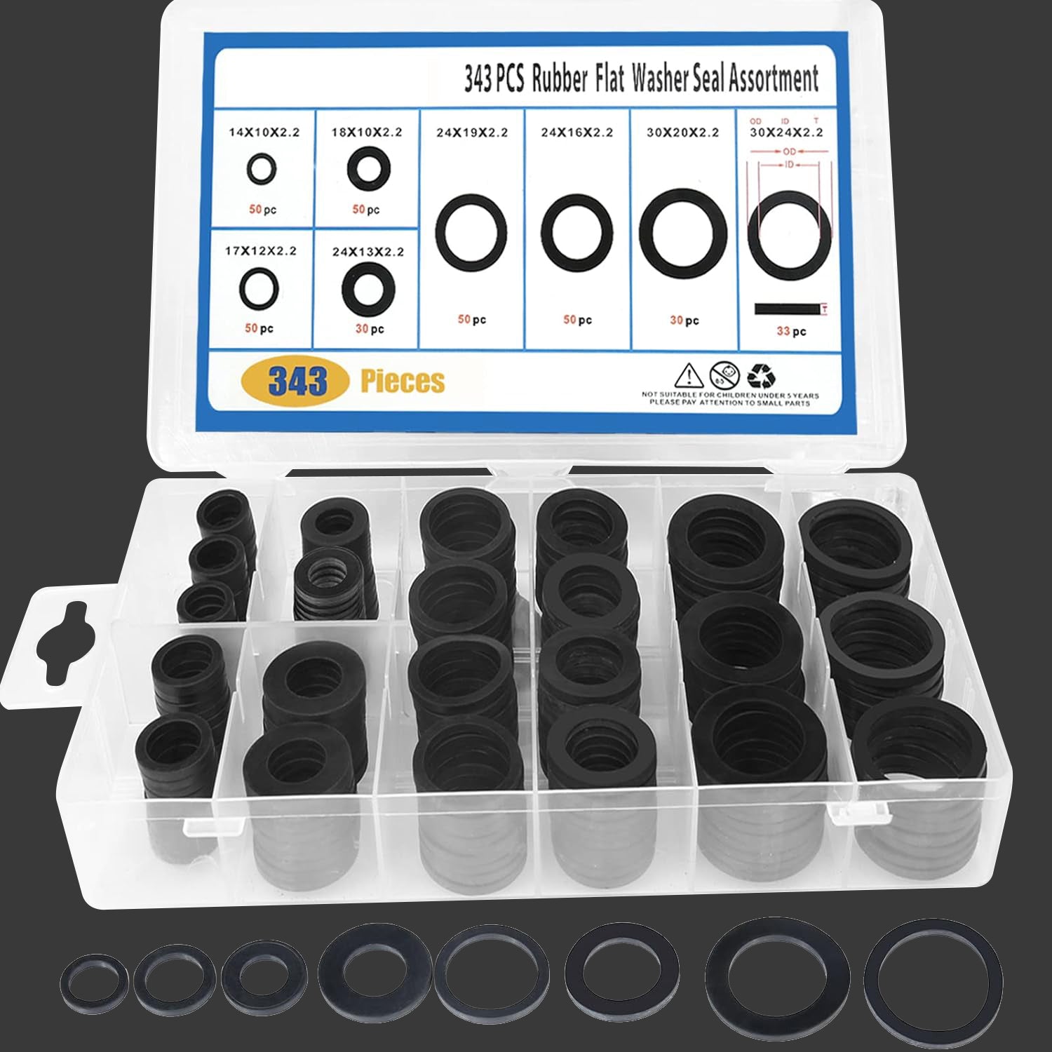 343 PCS Rubber Flat Washer Gasket Assortment